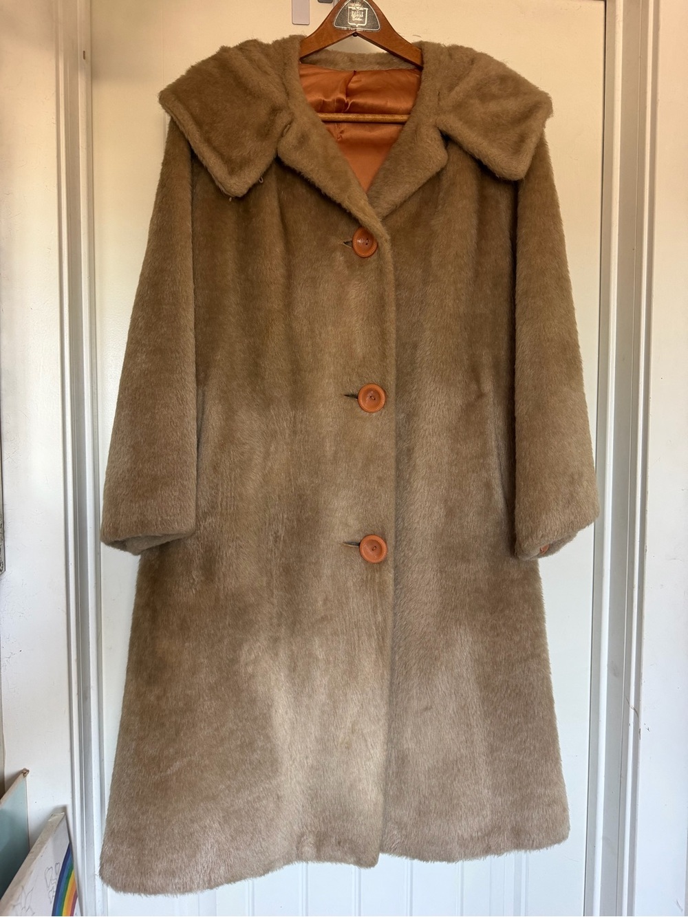 Vintage 60s 70s ILGWU Faux Fur Swing Coat Camel Tan L/XL